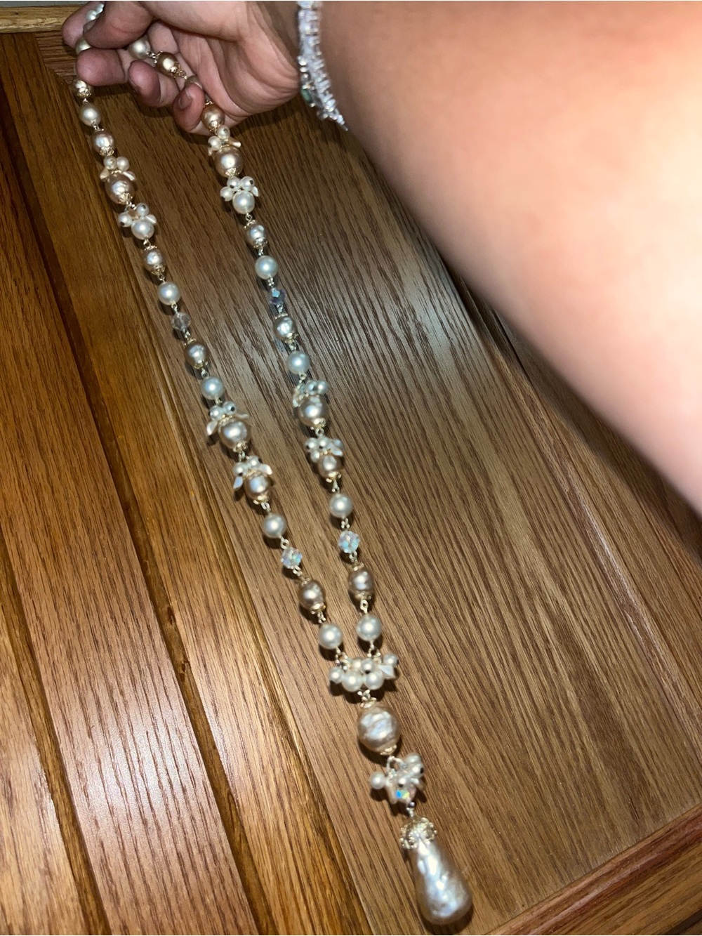 Pearl and Crystal Drop Necklace - Cream Pearl Long Strand